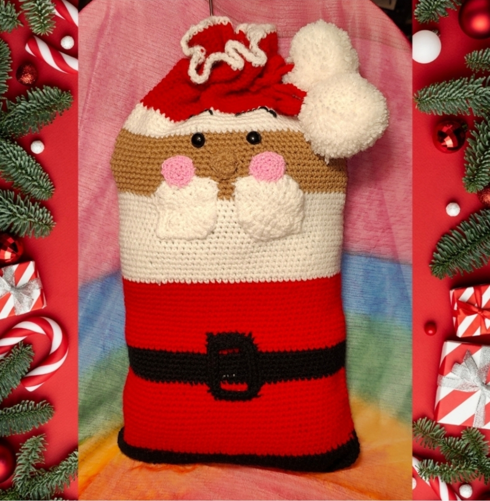 Handmade Crochet Santa Claus Drawstring Pom Pom Bag